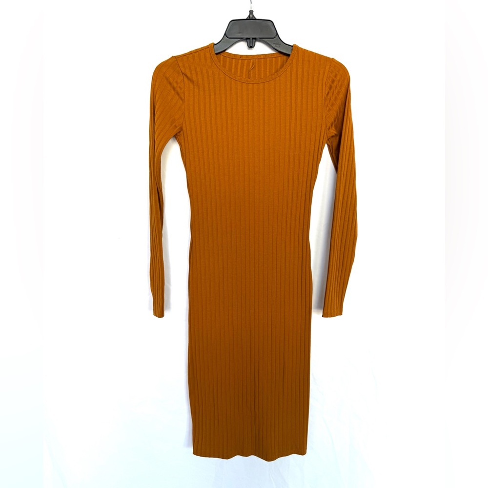 Burnt Orange Bodycon Dress Ribbed Long Sleeve Knee Length Size Small